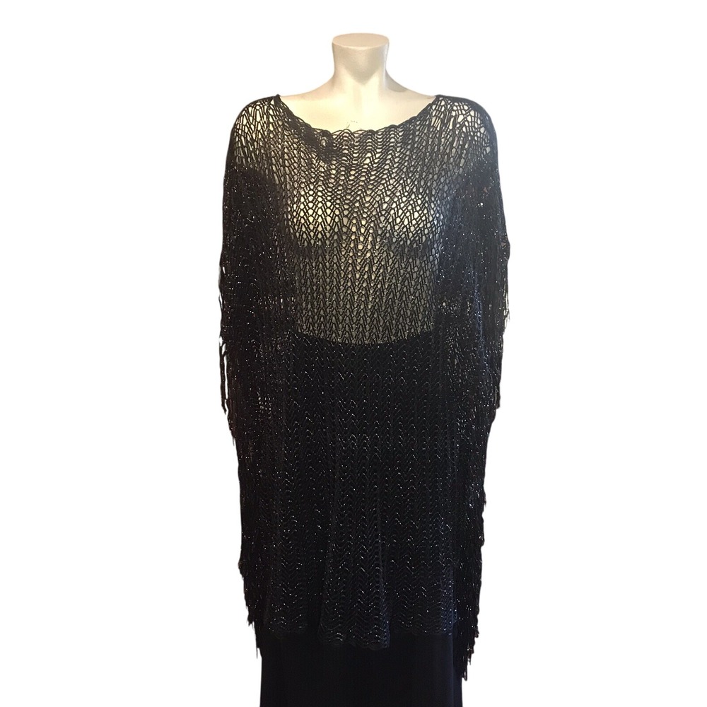 NWOT Womens Open Weave Coverup With Fringe‎ Silver Black One Size